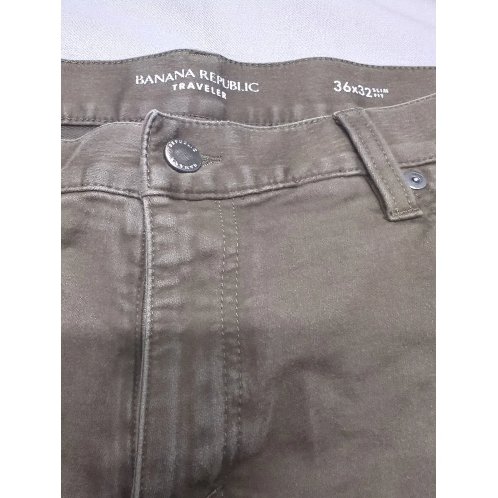 Banana Republic Traveler Pants Mens 36x32 Slim Fit Olive‎ Khaki Stretch Chino